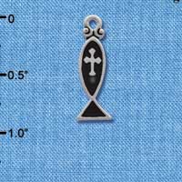 C1867 - Black Enamel Christian Fish with Silver Cross - Silver Charm