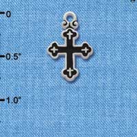 C1868 - Small Black Enamel Botonee Cross Charm with Mini Silver Cross Decorations - Silver Charm