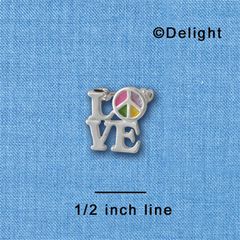 F1442 tlf - Love with Translucent Multicolored Peace Sign - Silver Plated Pin